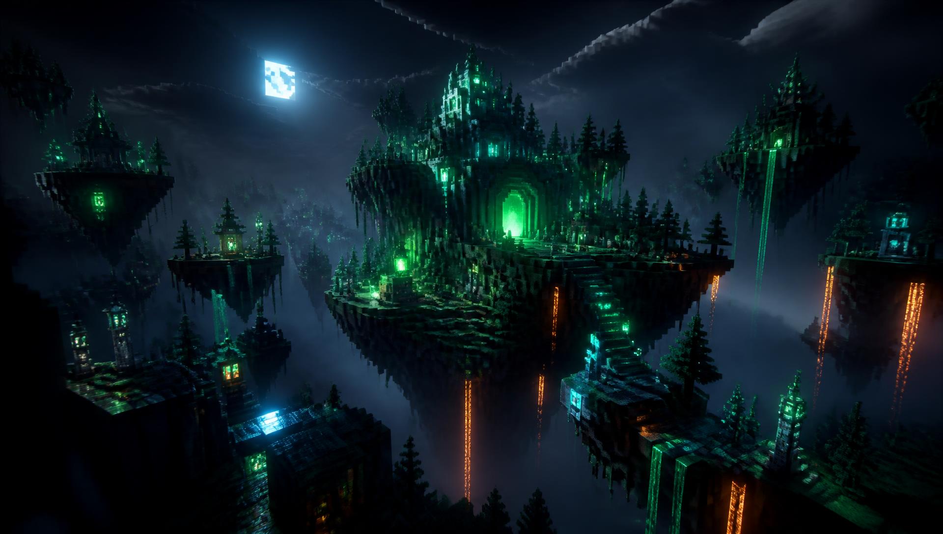 Monde Minecraft flottant illuminé de vert